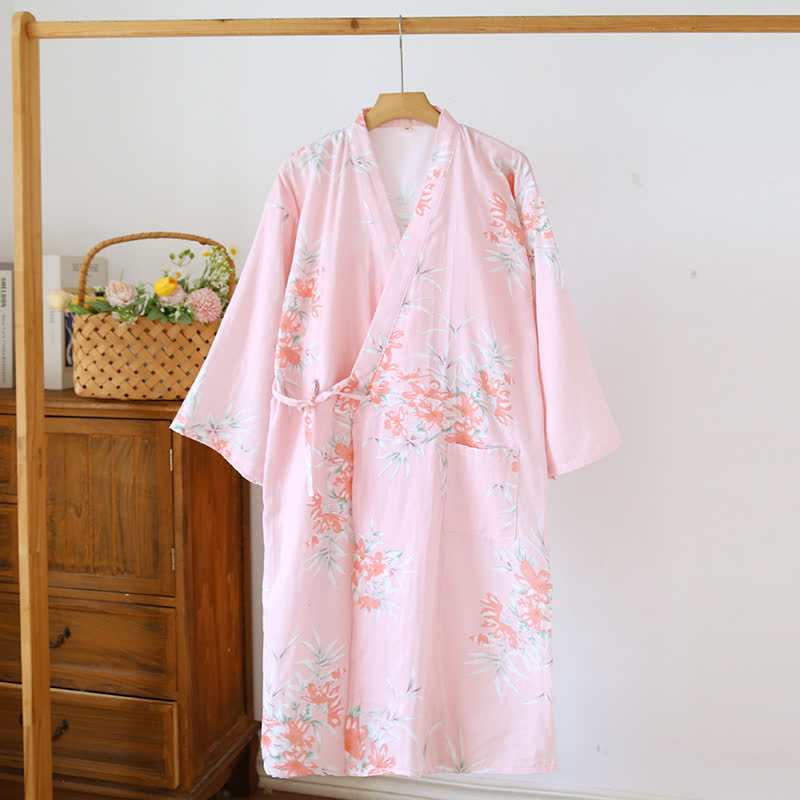 Japanischer Kimono-Bademantel aus Baumwolle mit Pfirsichblütenmuster - Rosa - L - image 6