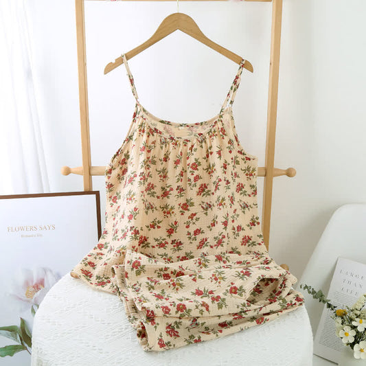 Roter Camisole-Pyjama aus Baumwollgaze mit Blumenmuster - XL - image 1