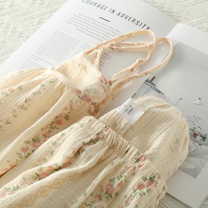 Camisole-Pyjama aus Baumwollgaze mit Blumenmuster und Streifen - image 2