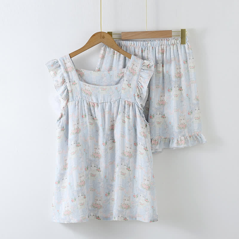 Gepolsterte, ärmellose Nachtwäsche mit Rüschen und Katzenmuster - Loungewear-Set - XL - image 2