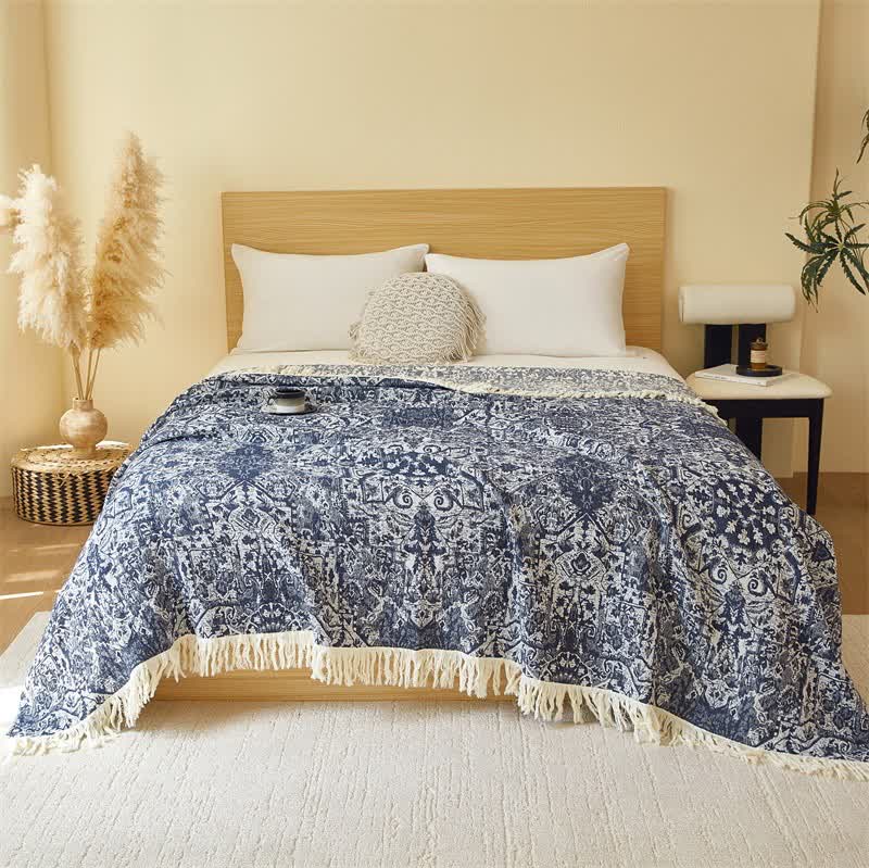 Retro Tribal Baumwollgaze Quasten Quilt - Dunkelblau - 200cm x 230cm - image 4