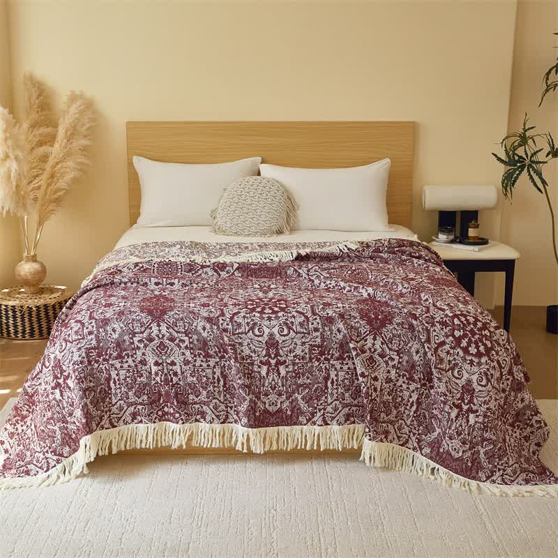 Retro Tribal Baumwollgaze Quasten Quilt - Dunkelrot - 200cm x 230cm - image 3