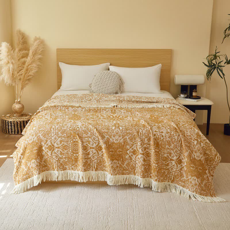 Retro Tribal Baumwollgaze Quasten Quilt - Gold - 200cm x 230cm - image 1