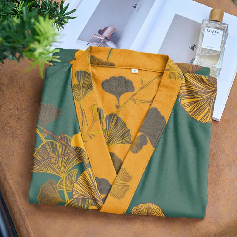 Großer Kimono-Bademantel aus Baumwolle mit Ginkgoblättern - image 8