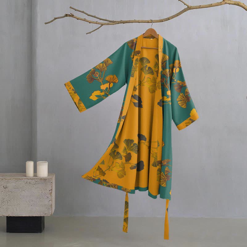 Großer Kimono-Bademantel aus Baumwolle mit Ginkgoblättern - Grün & Gelb - L - image 7