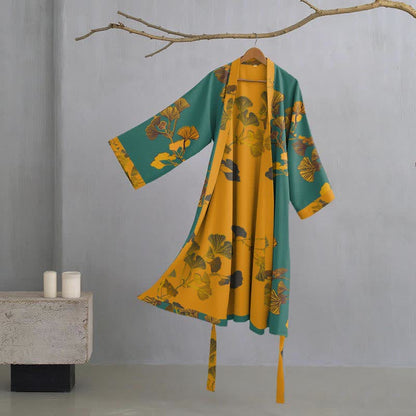 Großer Kimono-Bademantel aus Baumwolle mit Ginkgoblättern - Grün & Gelb - L - image 7