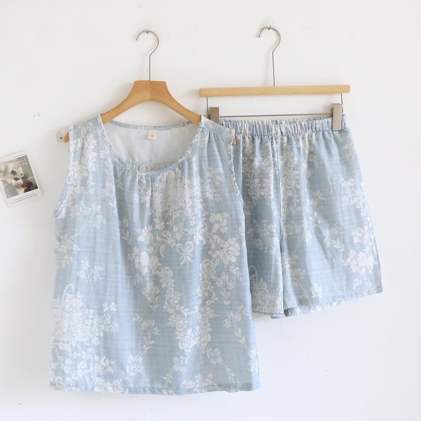 Pyjama-Set aus Baumwoll-Tanktop mit Rosenschleife - Blau - XL - image 3