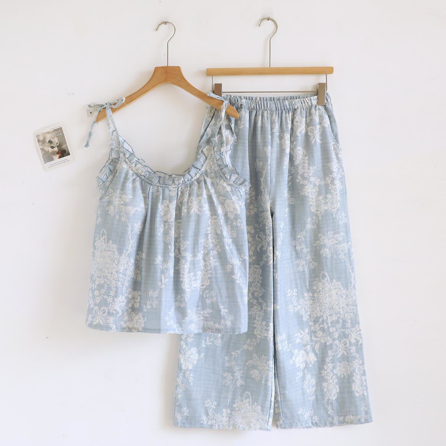 Gepolsterter Camisole-Pyjama aus Baumwolle mit Rosenschleife - Blau - Camisole & Hosen - XL - image 5