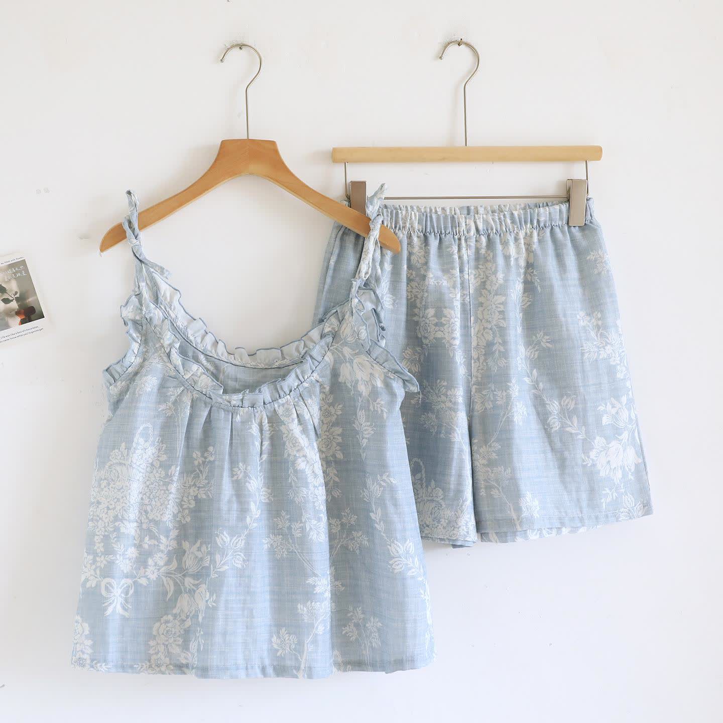 Gepolsterter Camisole-Pyjama aus Baumwolle mit Rosenschleife - Blau - Camisole und Shorts - XL - image 3