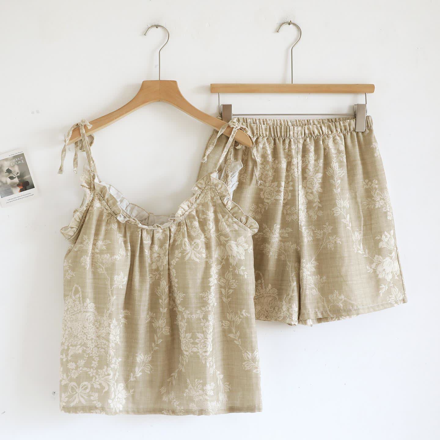 Gepolsterter Camisole-Pyjama aus Baumwolle mit Rosenschleife - Khaki - Camisole und Shorts - XL - image 19