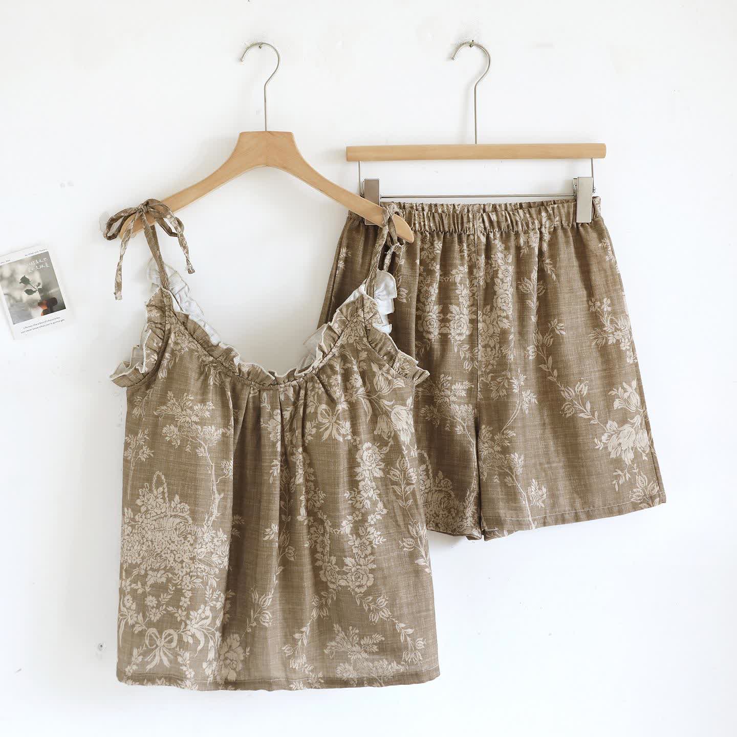 Gepolsterter Camisole-Pyjama aus Baumwolle mit Rosenschleife - Braun - Camisole und Shorts - XL - image 17