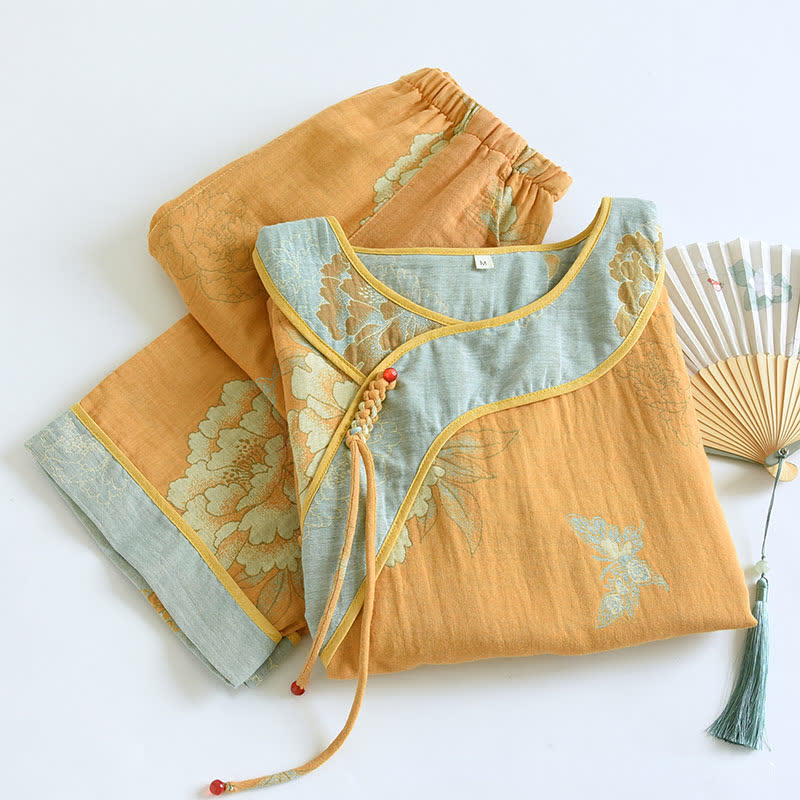 Pyjama aus Baumwollgaze mit Pfingstrosen- und Schmetterlingsmuster (Jacquard) - image 2