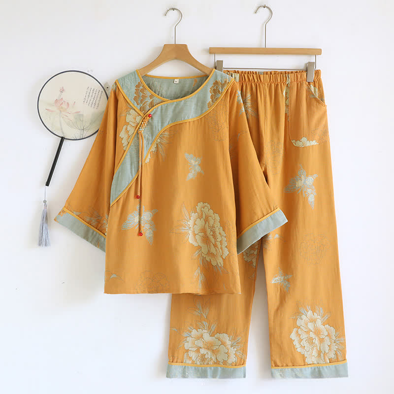 Pyjama aus Baumwollgaze mit Pfingstrosen- und Schmetterlingsmuster (Jacquard) - image 0