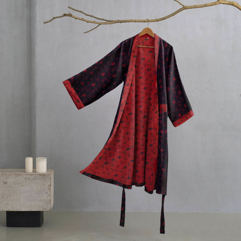 Zweifarbiger Kimono-Bademantel aus Ginkgo-Baumwollgaze - Schwarz & Rot - 2XL - image 2