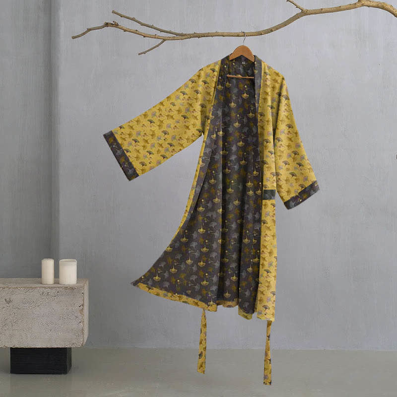 Zweifarbiger Kimono-Bademantel aus Ginkgo-Baumwollgaze - Gelb & Grau - XL - image 15