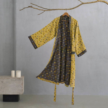 Zweifarbiger Kimono-Bademantel aus Ginkgo-Baumwollgaze - Gelb & Grau - XL - image 15