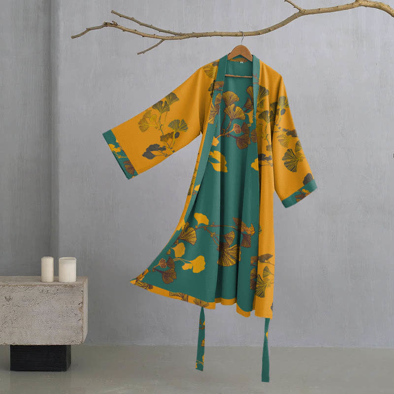 Großer Kimono-Bademantel aus Baumwolle mit Ginkgoblättern - Gelb & Grün - XL - image 9