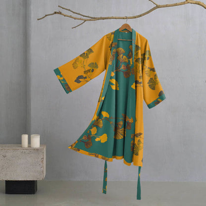 Großer Kimono-Bademantel aus Baumwolle mit Ginkgoblättern - Gelb & Grün - XL - image 9