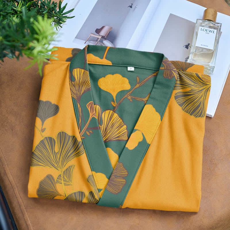 Großer Kimono-Bademantel aus Baumwolle mit Ginkgoblättern - image 10