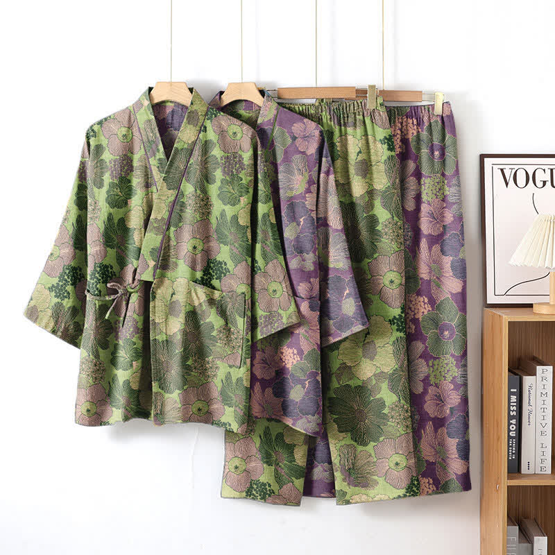 Loungewear-Set im Kimono-Stil mit Pfirsichblütenmuster - image 1