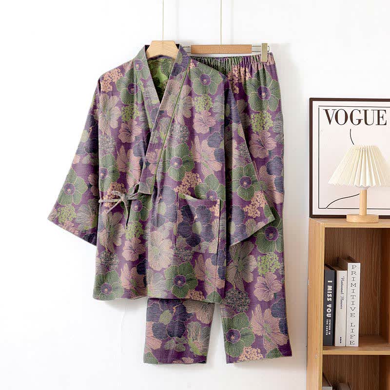 Loungewear-Set im Kimono-Stil mit Pfirsichblütenmuster - Lila - XL - image 5