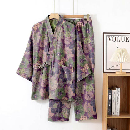 Loungewear-Set im Kimono-Stil mit Pfirsichblütenmuster - Lila - XL - image 5