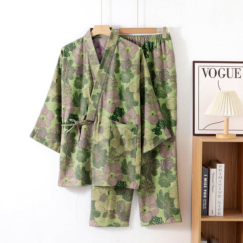 Loungewear-Set im Kimono-Stil mit Pfirsichblütenmuster - Grün - XL - image 2
