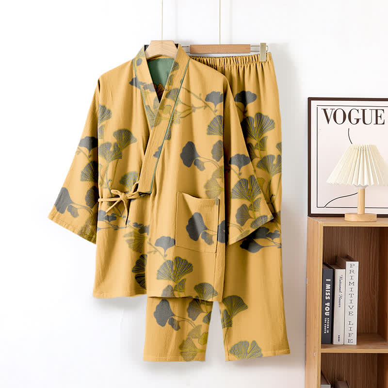 Großer Kimono-Pyjama aus Baumwolle mit Ginkgoblättern - Gelb - XL - image 6