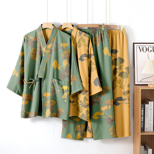 Großer Kimono-Pyjama aus Baumwolle mit Ginkgoblättern - image 1
