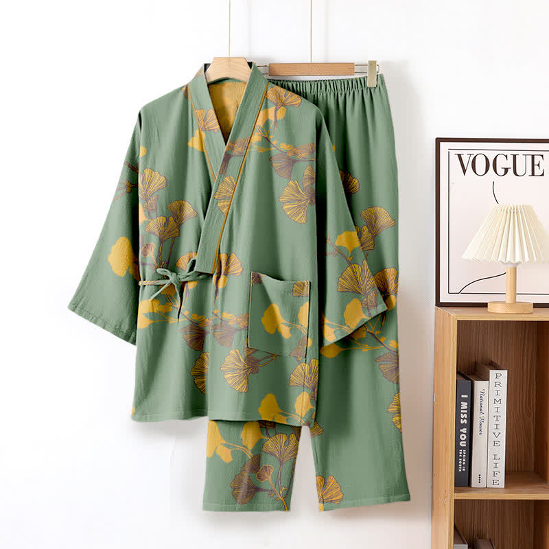 Großer Kimono-Pyjama aus Baumwolle mit Ginkgoblättern - Grün & Gelb - XL - image 5