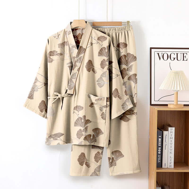 Großer Kimono-Pyjama aus Baumwolle mit Ginkgoblättern - Beige - XL - image 13
