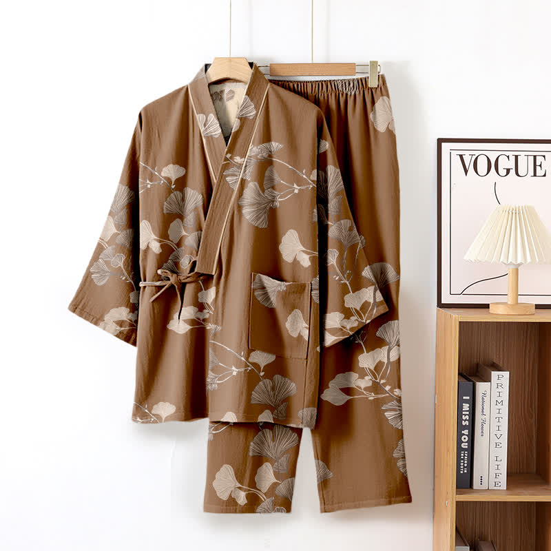 Großer Kimono-Pyjama aus Baumwolle mit Ginkgoblättern - Braun - XL - image 14