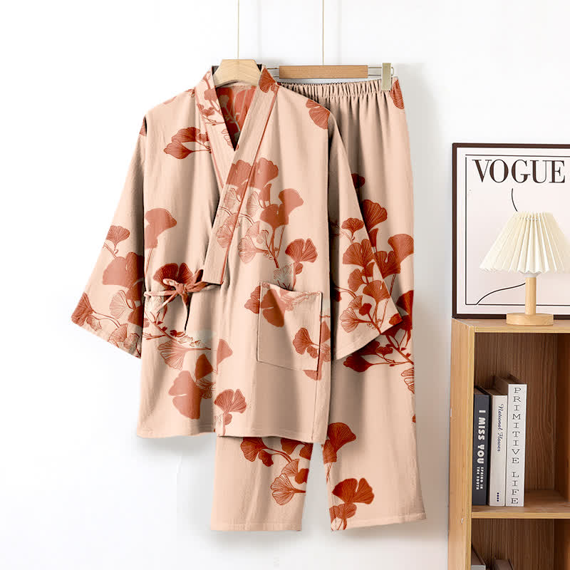 Großer Kimono-Pyjama aus Baumwolle mit Ginkgoblättern - Beige & Pink - XL - image 12