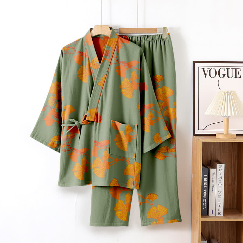 Großer Kimono-Pyjama aus Baumwolle mit Ginkgoblättern - Grün & Orange - XL - image 7