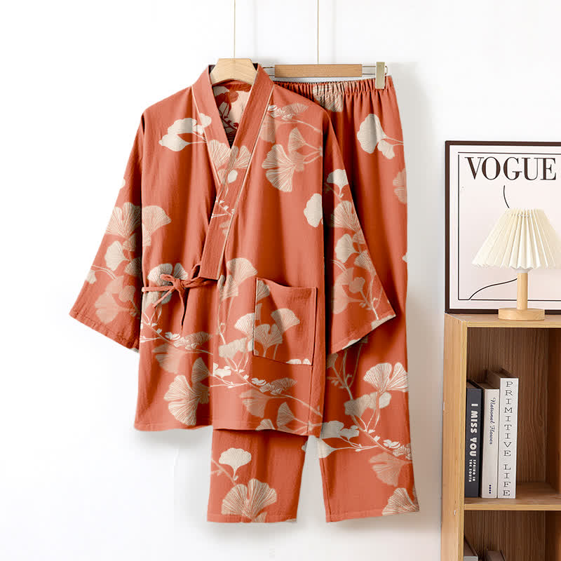 Großer Kimono-Pyjama aus Baumwolle mit Ginkgoblättern - Rosa - XL - image 11