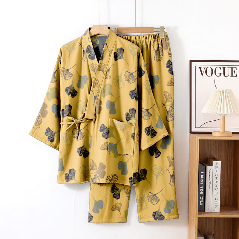 Ginkgo-Kimono-Loungewear-Set aus Baumwollgaze - Hellgelb - XL - image 18