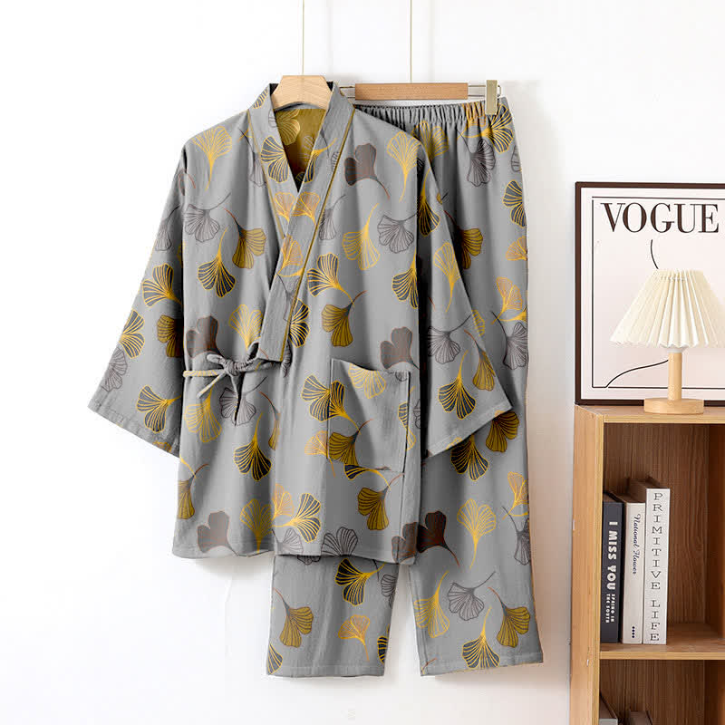 Ginkgo-Kimono-Loungewear-Set aus Baumwollgaze - Hellgrau - XL - image 24
