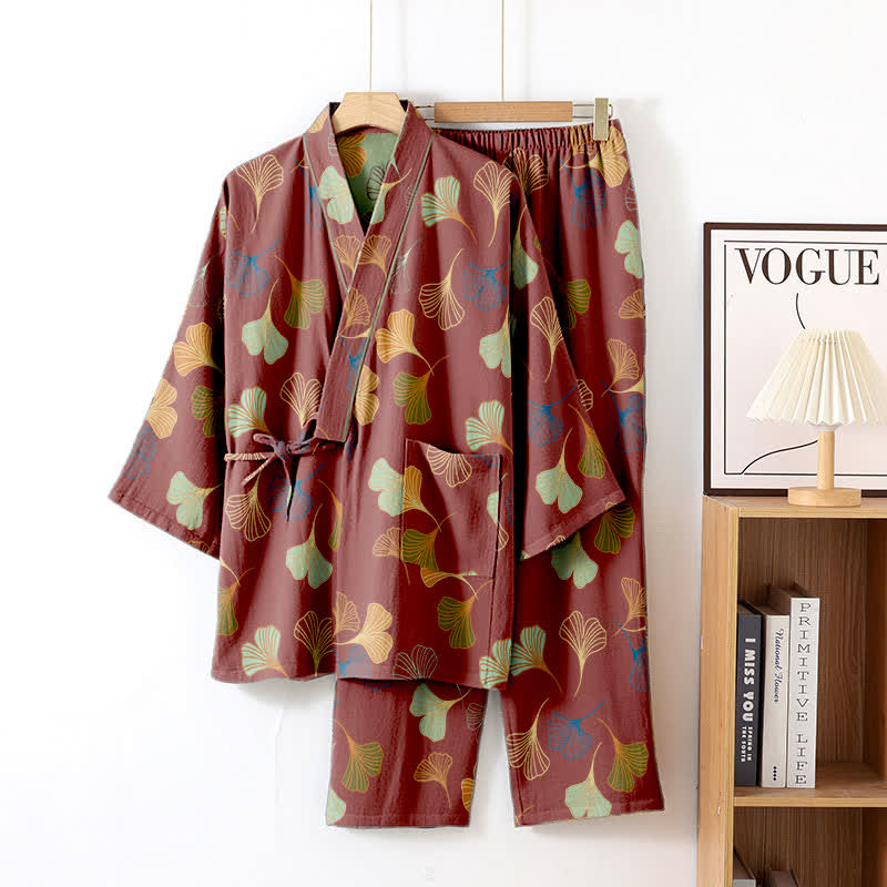 Ginkgo-Kimono-Loungewear-Set aus Baumwollgaze - Wein - XL - image 30