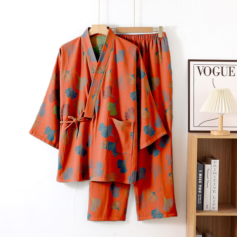 Ginkgo-Kimono-Loungewear-Set aus Baumwollgaze - Orange Rot - XL - image 15