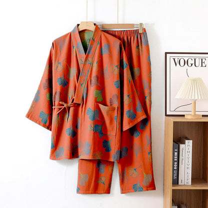 Ginkgo-Kimono-Loungewear-Set aus Baumwollgaze - Orange Rot - XL - image 15