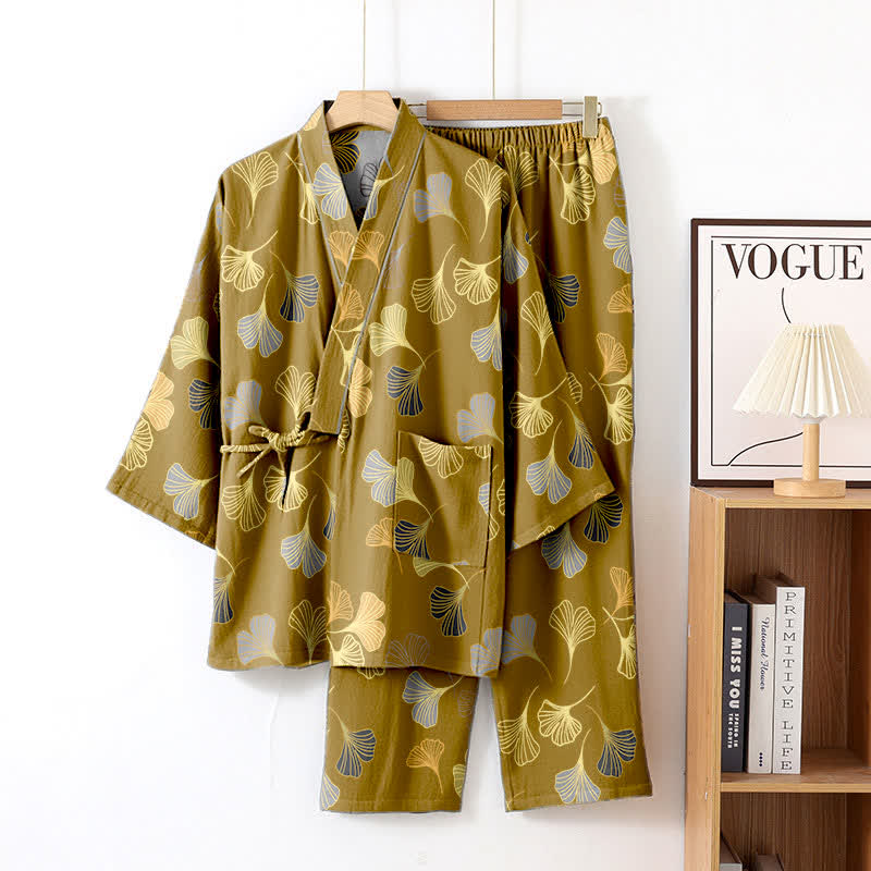 Ginkgo-Kimono-Loungewear-Set aus Baumwollgaze - Dunkelgelb - XL - image 21