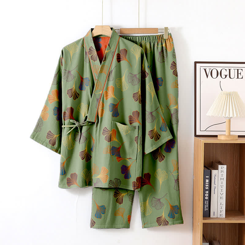 Ginkgo-Kimono-Loungewear-Set aus Baumwollgaze - Grün - XL - image 12