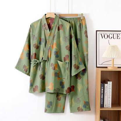 Ginkgo-Kimono-Loungewear-Set aus Baumwollgaze - Grün & Wein - XL - image 33