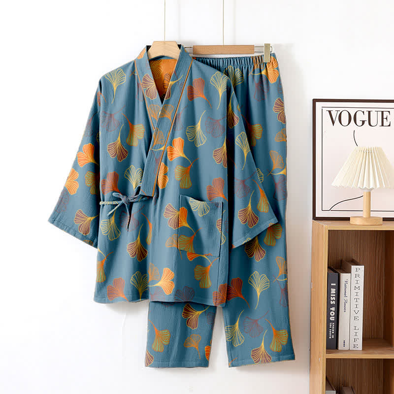 Ginkgo-Kimono-Loungewear-Set aus Baumwollgaze - Blau - XL - image 6