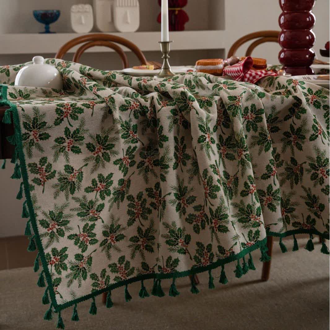 Tischdecke mit weihnachtlichem Stechpalmenblatt-Print - image 4