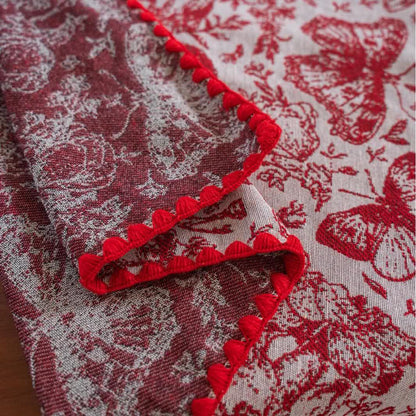 Rote Jacquard-Tischdecke mit Schmetterlings- und Blumenmuster - image 6