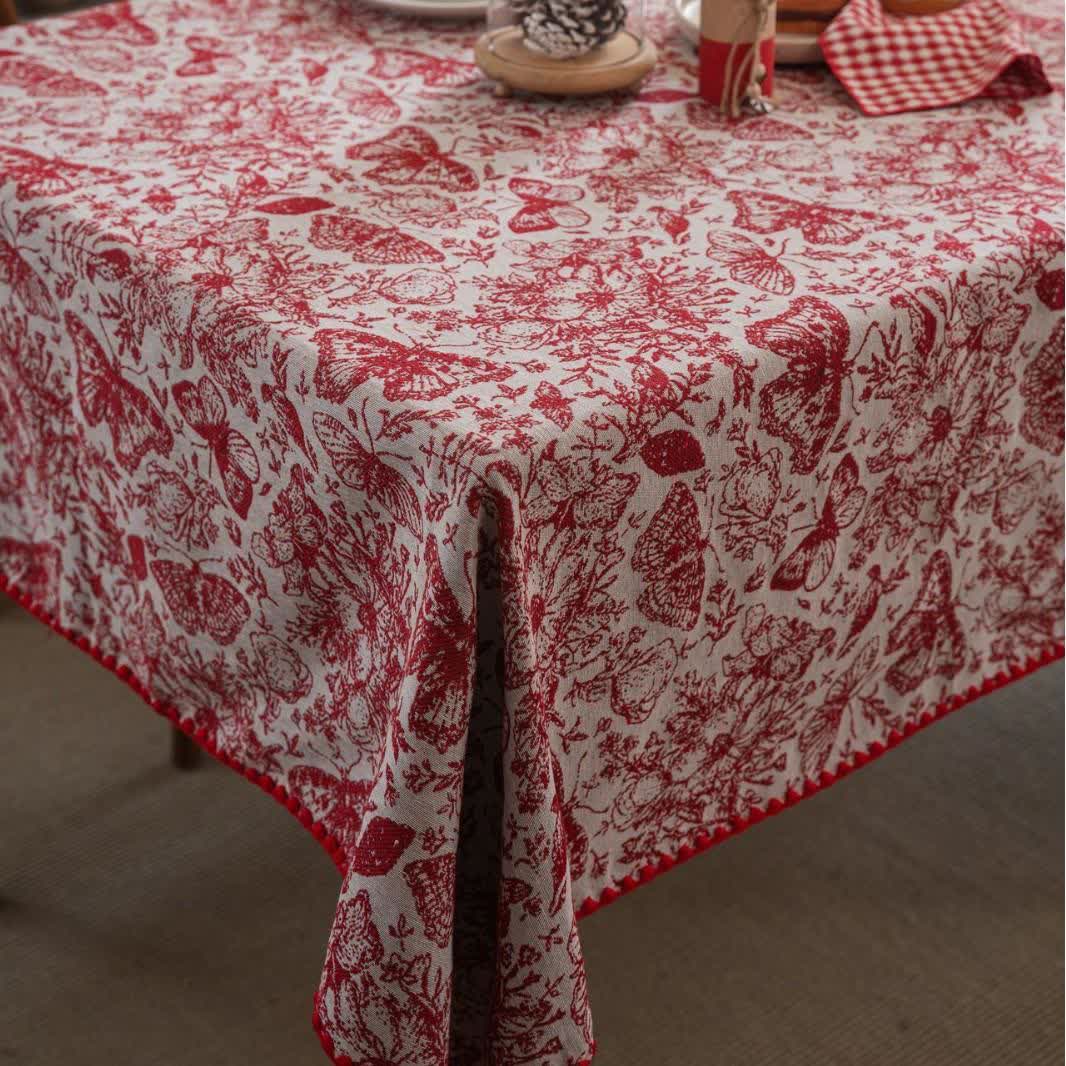 Rote Jacquard-Tischdecke mit Schmetterlings- und Blumenmuster - image 5