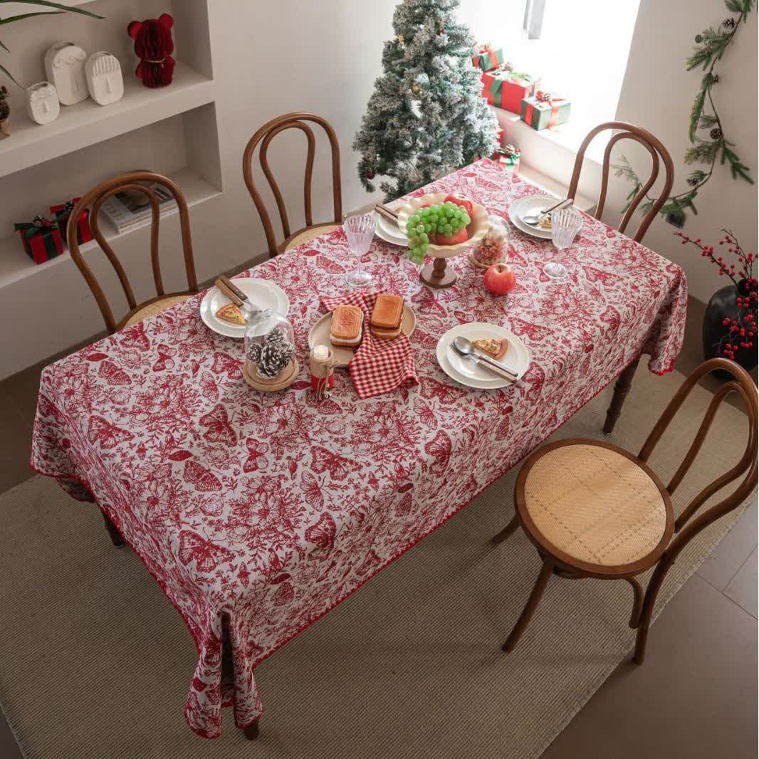 Rote Jacquard-Tischdecke mit Schmetterlings- und Blumenmuster - image 2
