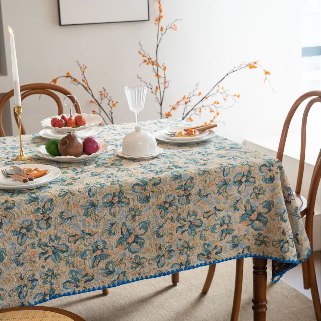 Jacquard-Tischdecke im rustikalen Stil mit blauem Blumenmuster - image 4