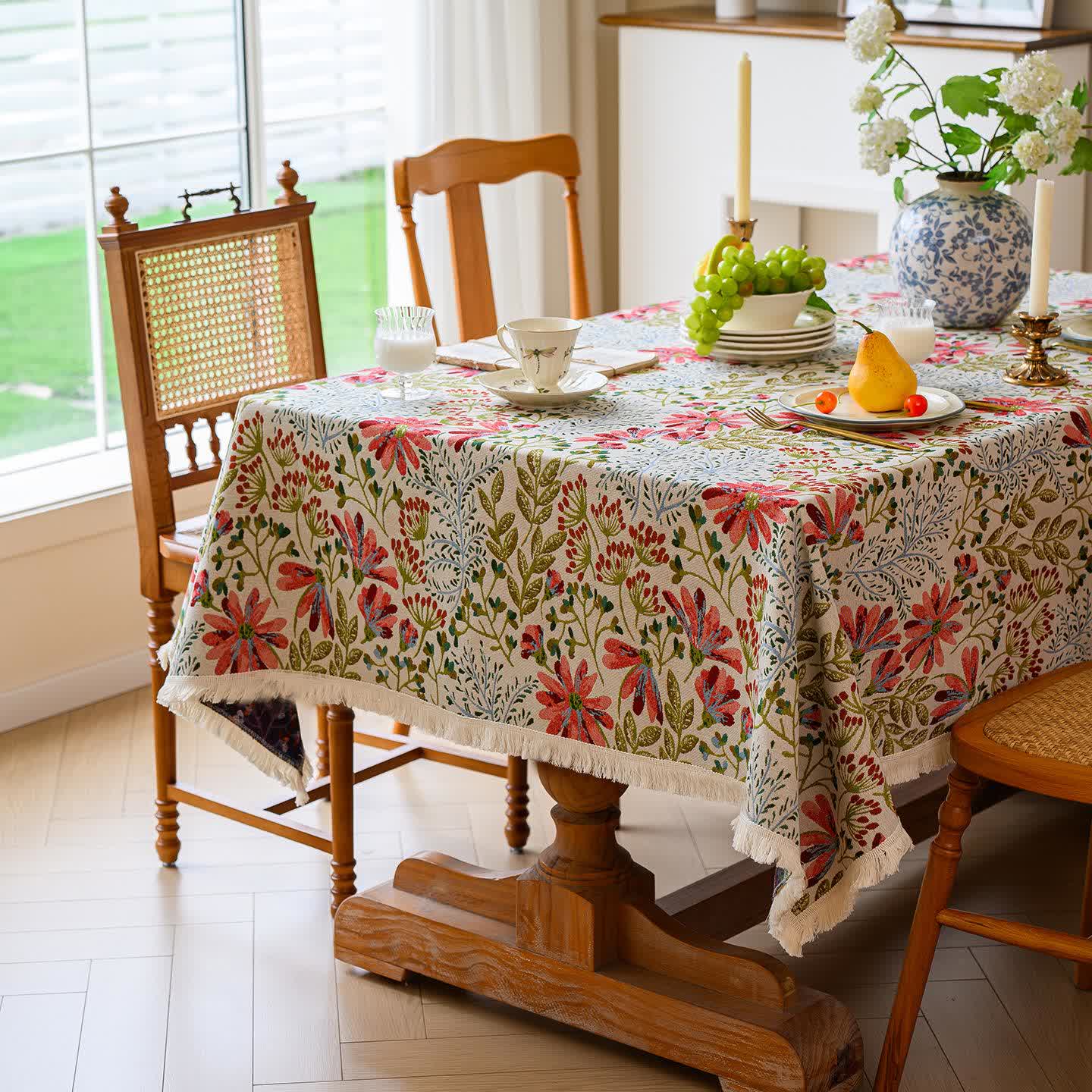 Rustikale Jacquard-Tischdecke mit Quasten und Blumenmuster - image 3